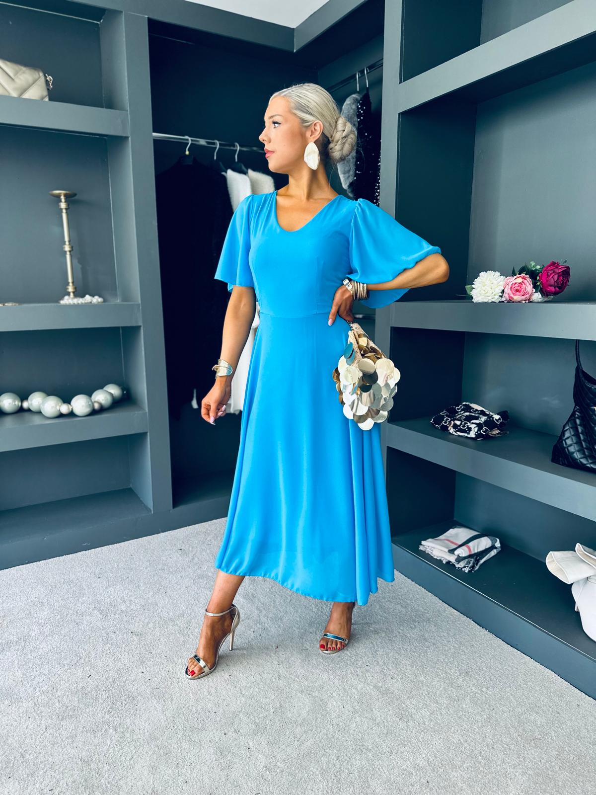 Clodagh V Neck Midi Dress Cyan