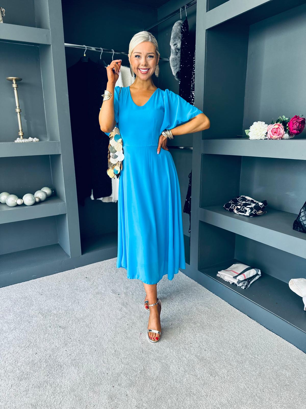 Clodagh V Neck Midi Dress Cyan