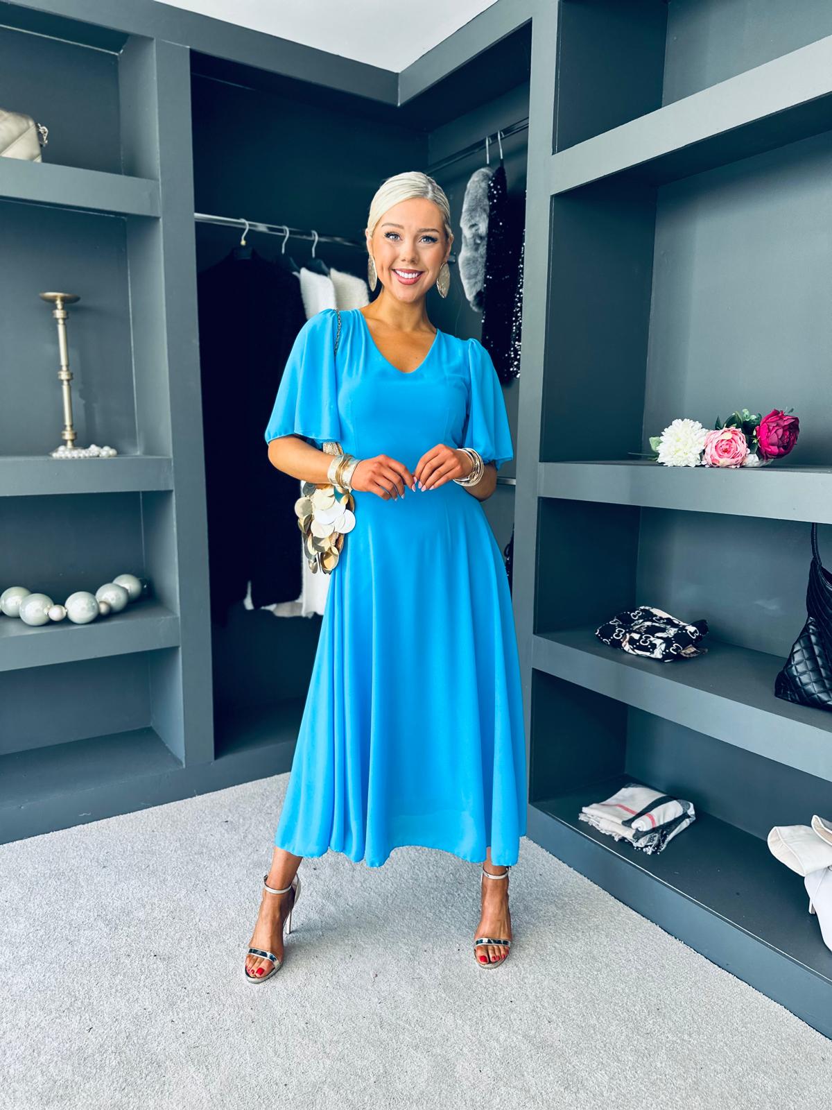 Clodagh V Neck Midi Dress Cyan