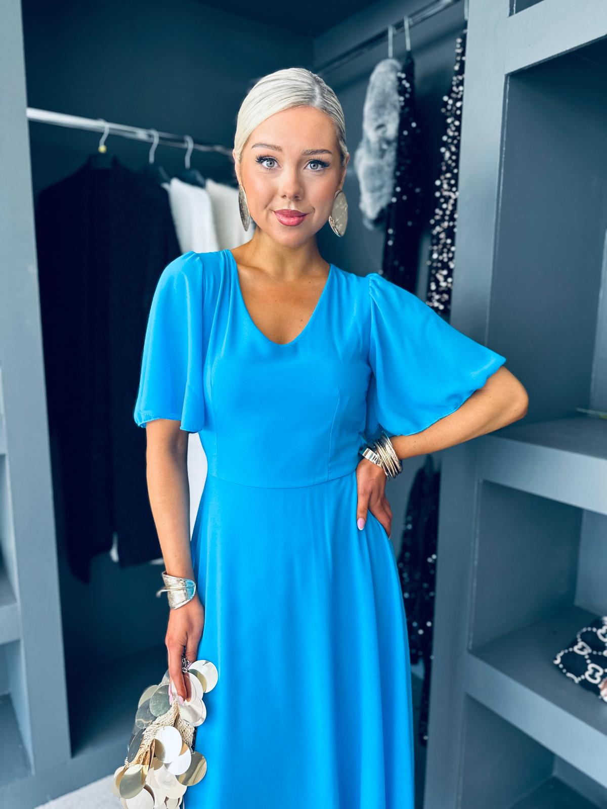 Clodagh V Neck Midi Dress Cyan