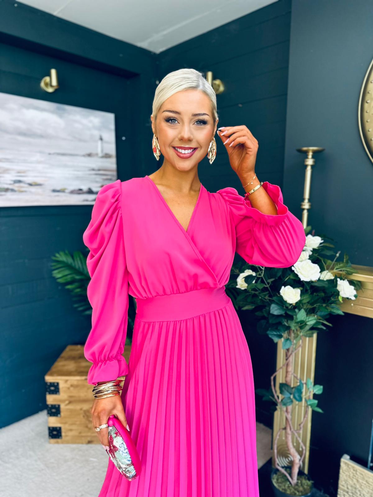 Aisling Pleated Midi Dress Fuchsia