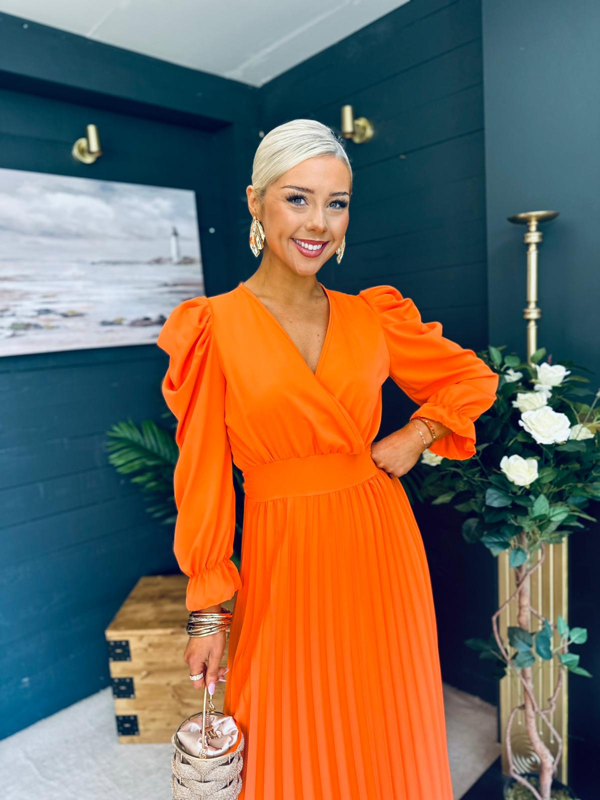 Aisling Pleated Midi Dress Orange