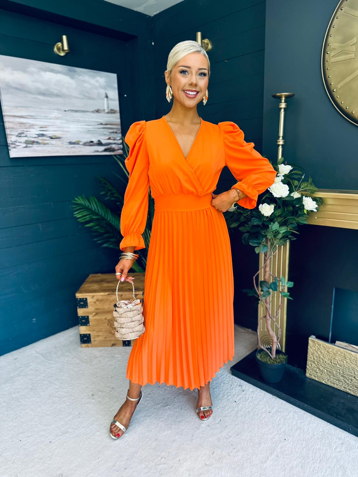 Aisling Pleated Midi Dress Orange