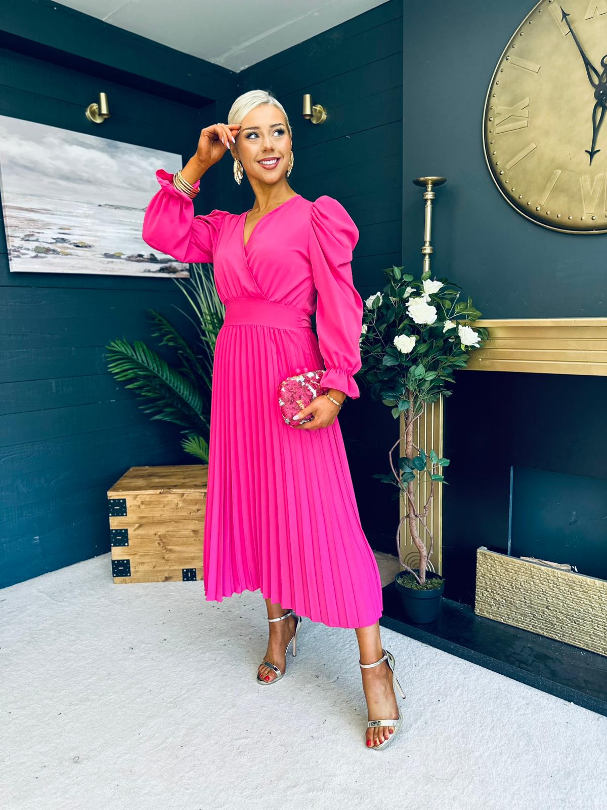 Aisling Pleated Midi Dress Fuchsia