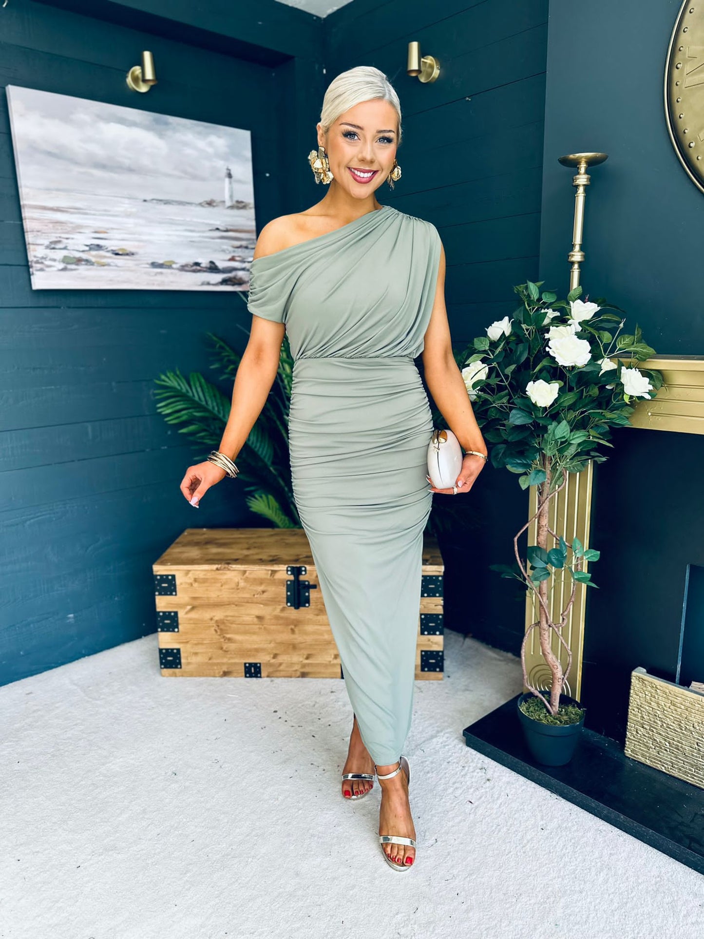 Margot Off The Shoulder Draped Top Midi Dress Sage