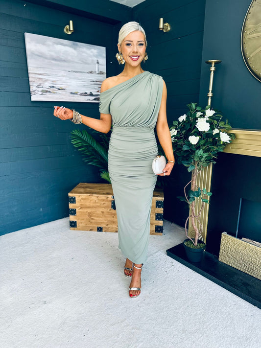 Margot Off The Shoulder Draped Top Midi Dress Sage