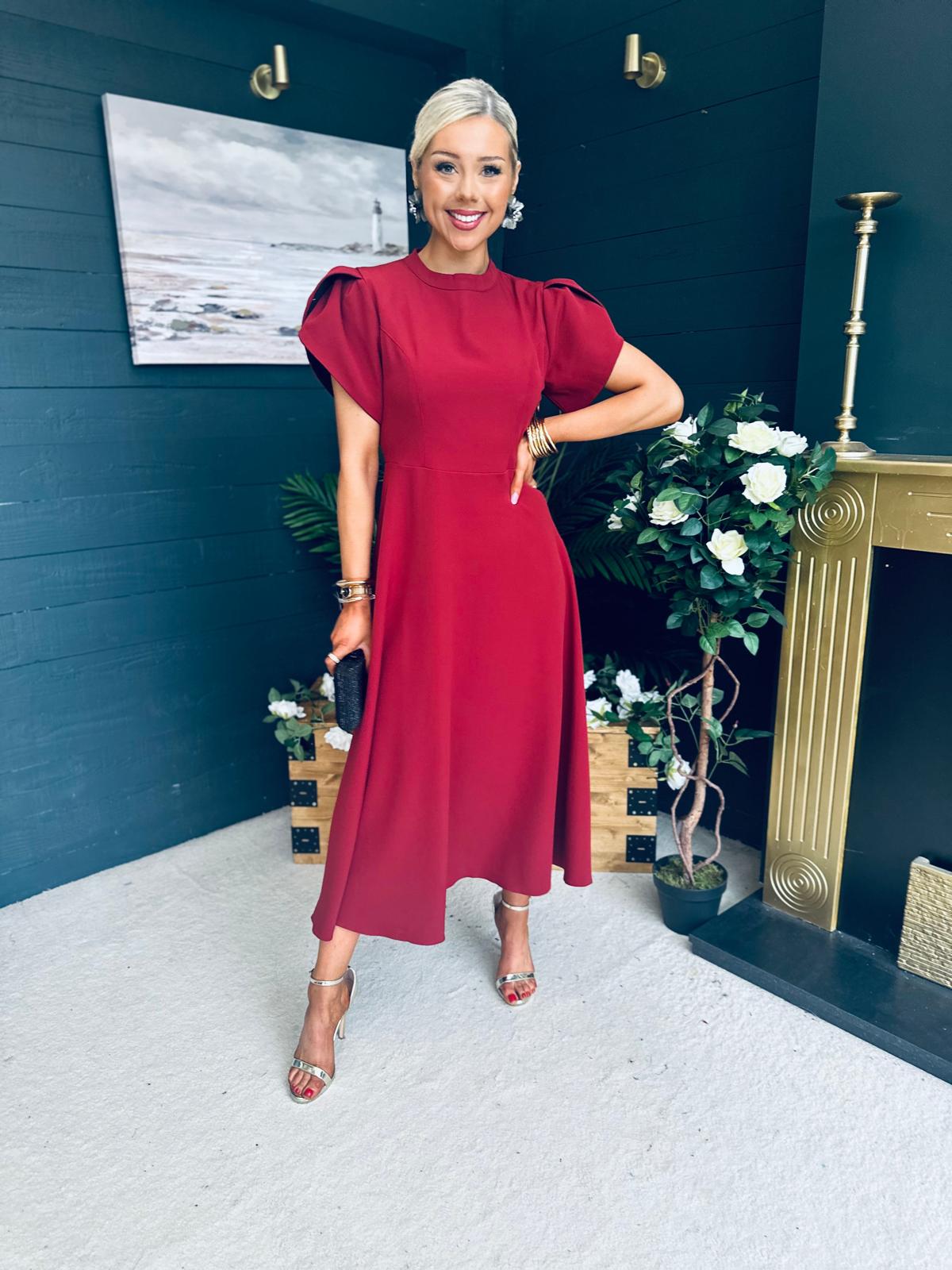 Poppie Bow Detail Midi Dress Burgundy