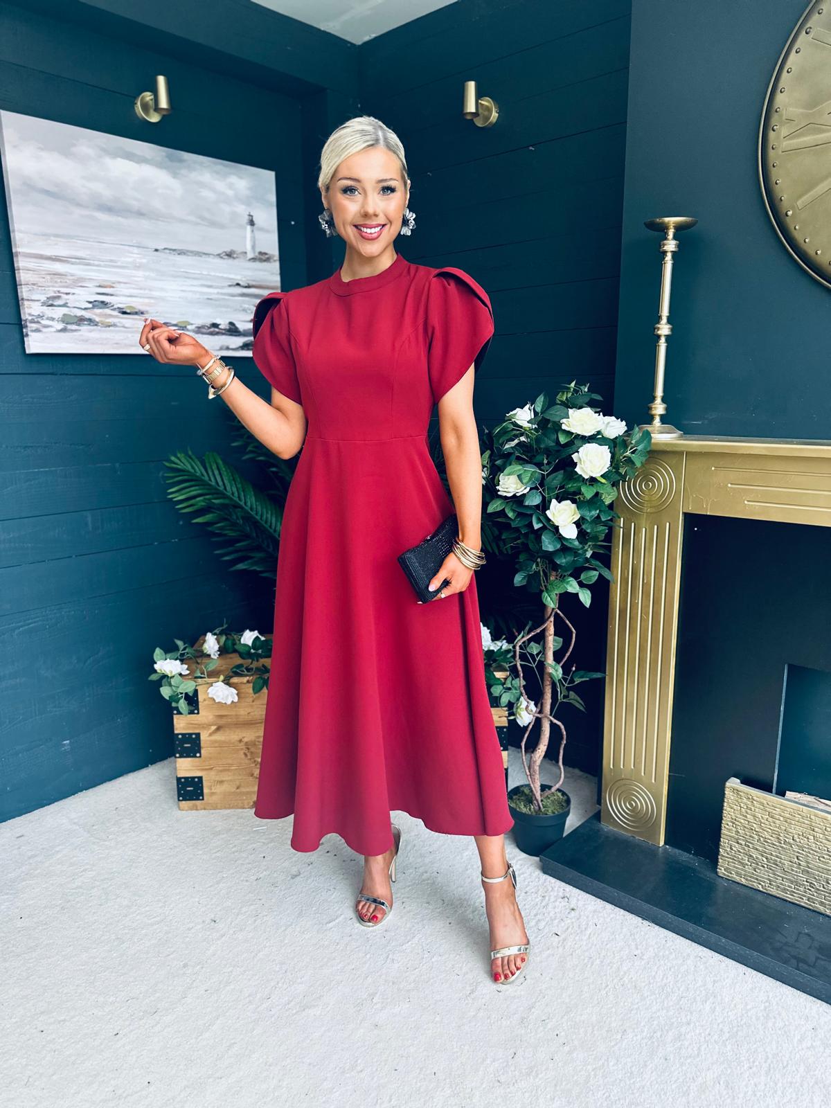 Poppie Bow Detail Midi Dress Burgundy