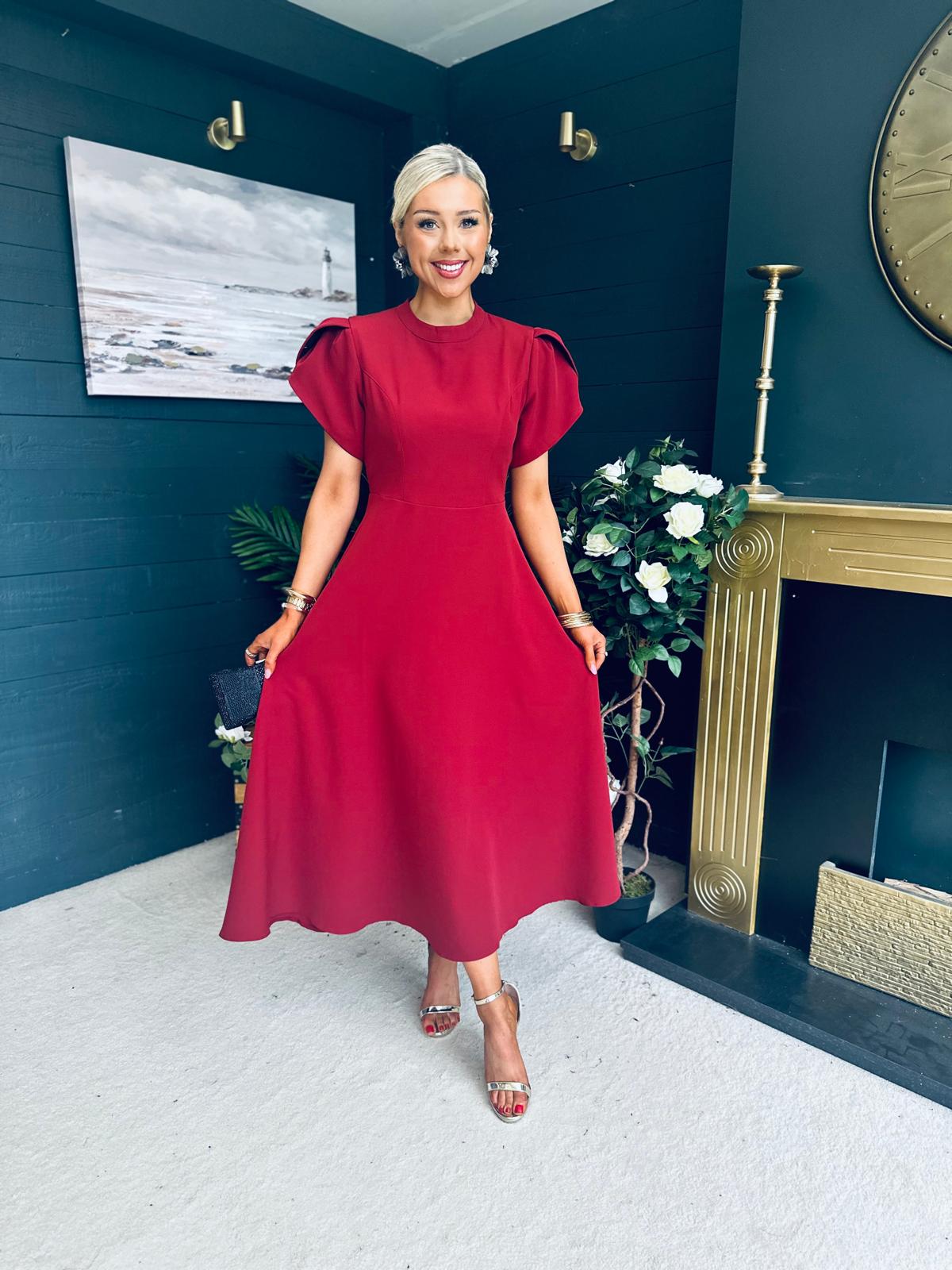 Poppie Bow Detail Midi Dress Burgundy