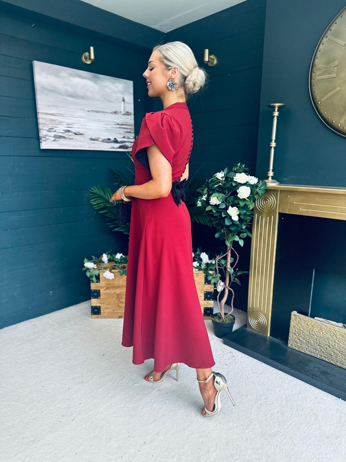 Poppie Bow Detail Midi Dress Burgundy