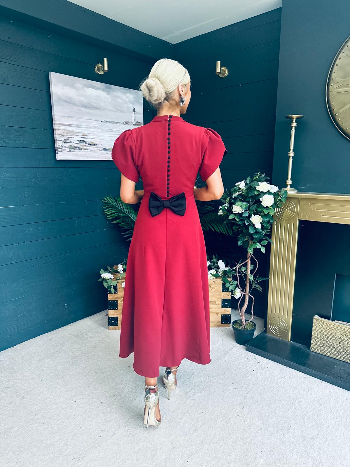 Poppie Bow Detail Midi Dress Burgundy