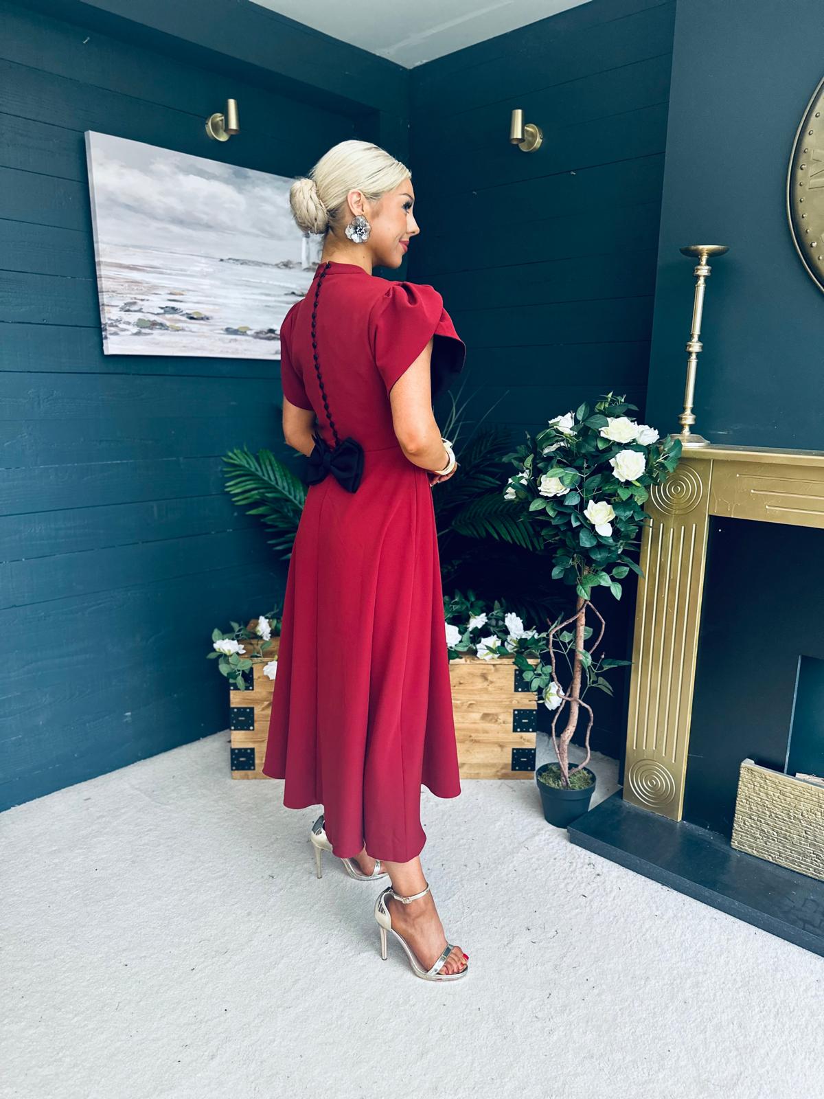 Poppie Bow Detail Midi Dress Burgundy