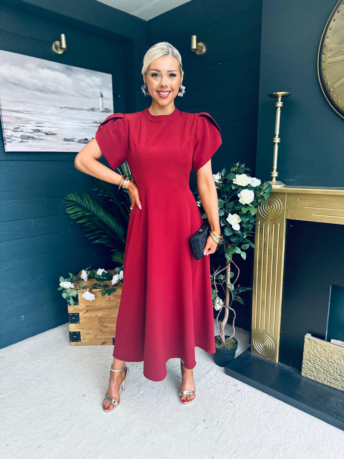 Poppie Bow Detail Midi Dress Burgundy