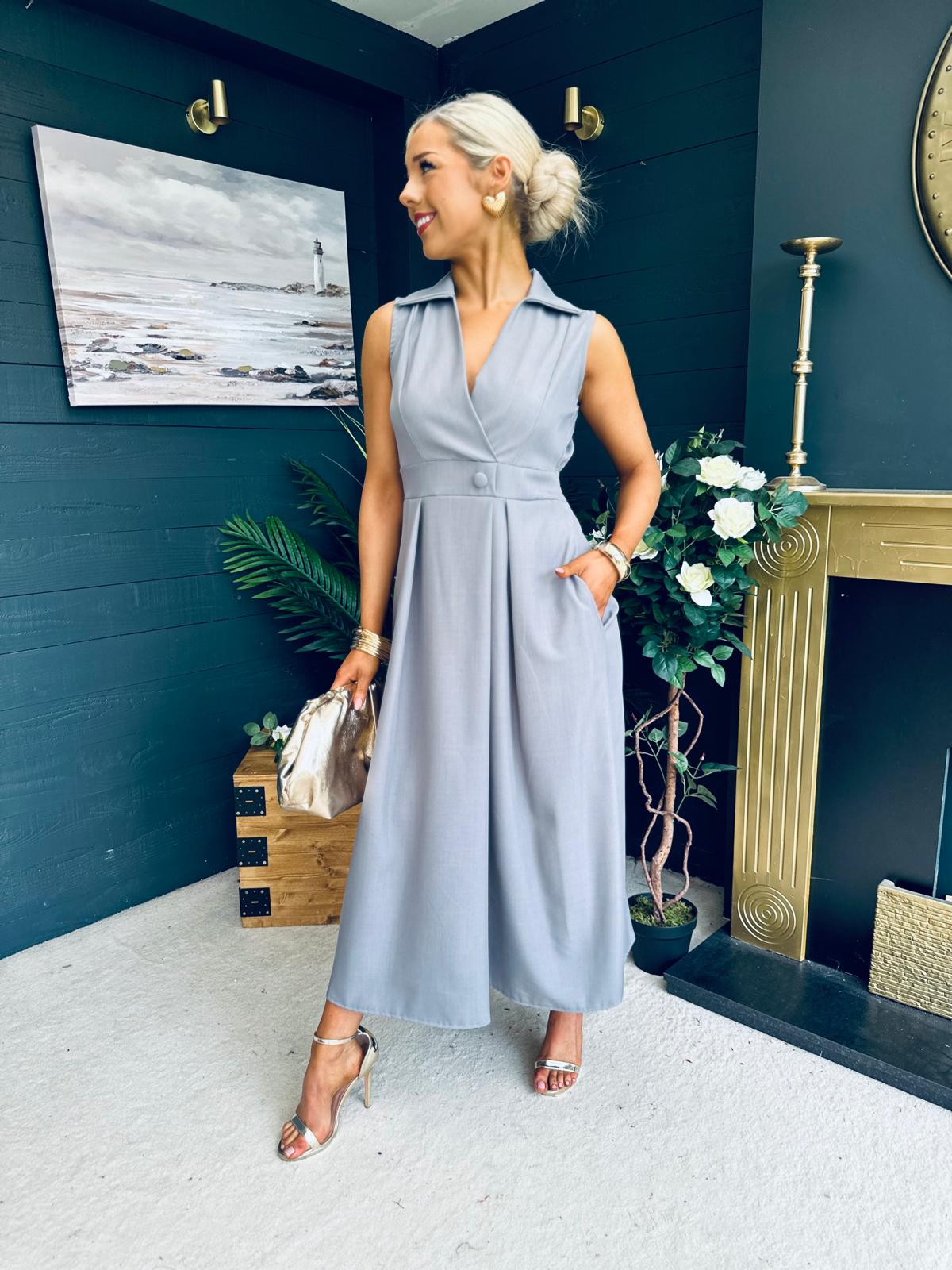 Gen Button Detail Midi Dress Grey