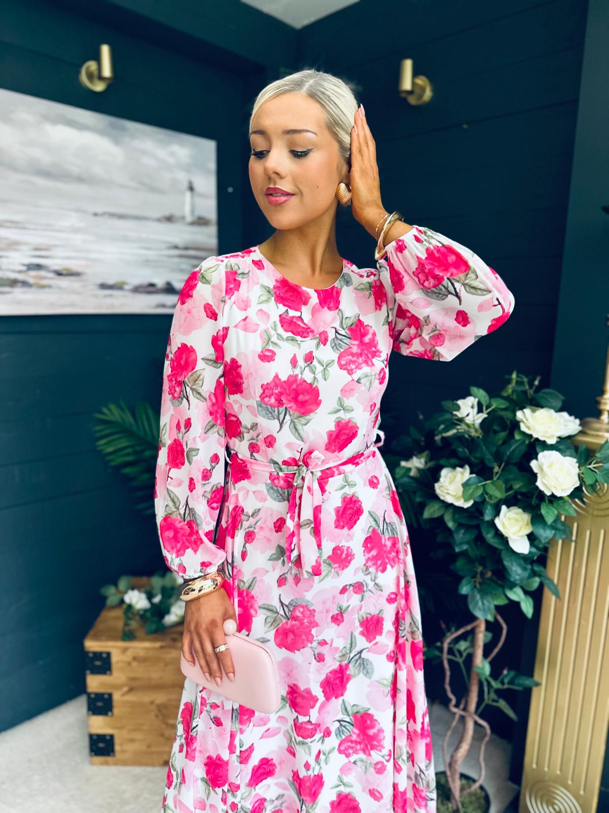 Teagan Round Neck Midi Dress Floral Pink