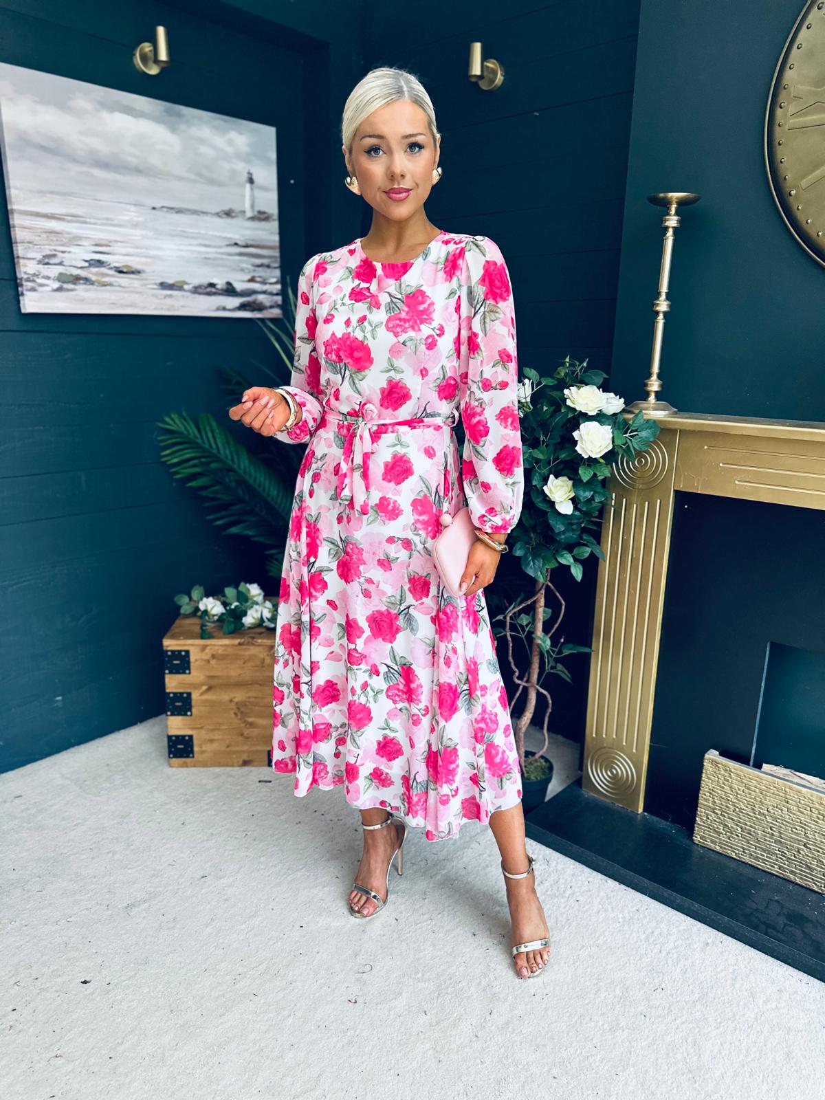 Teagan Round Neck Midi Dress Floral Pink