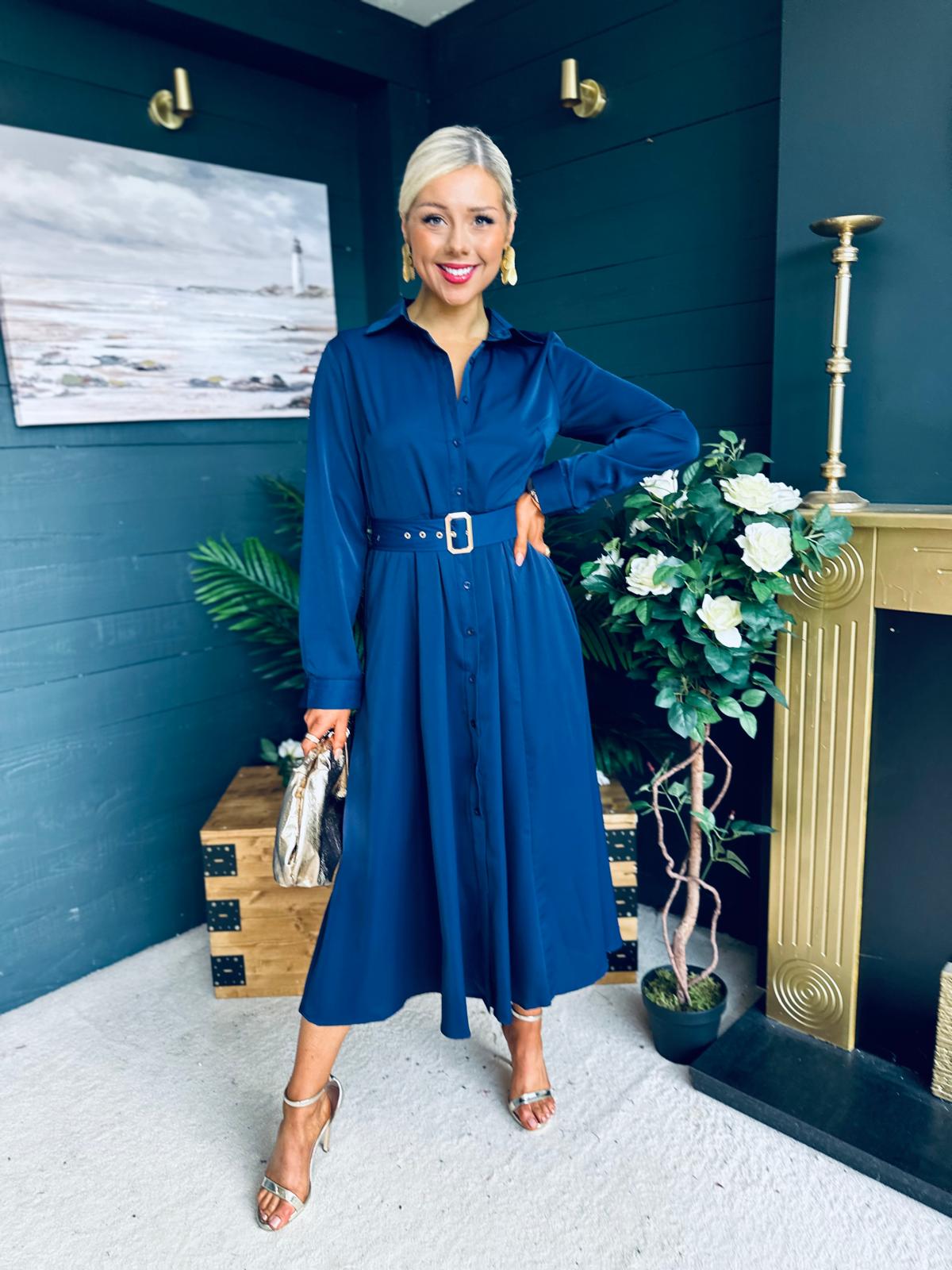 Briella Belted Midi Shirt Dress Navy