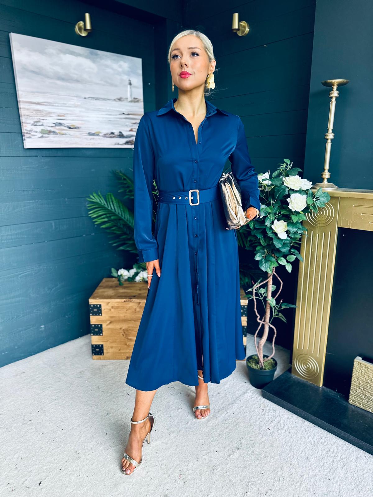 Briella Belted Midi Shirt Dress Navy