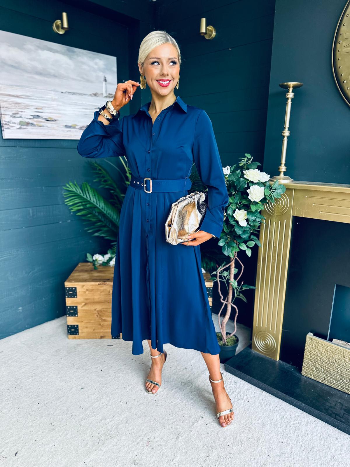 Briella Belted Midi Shirt Dress Navy