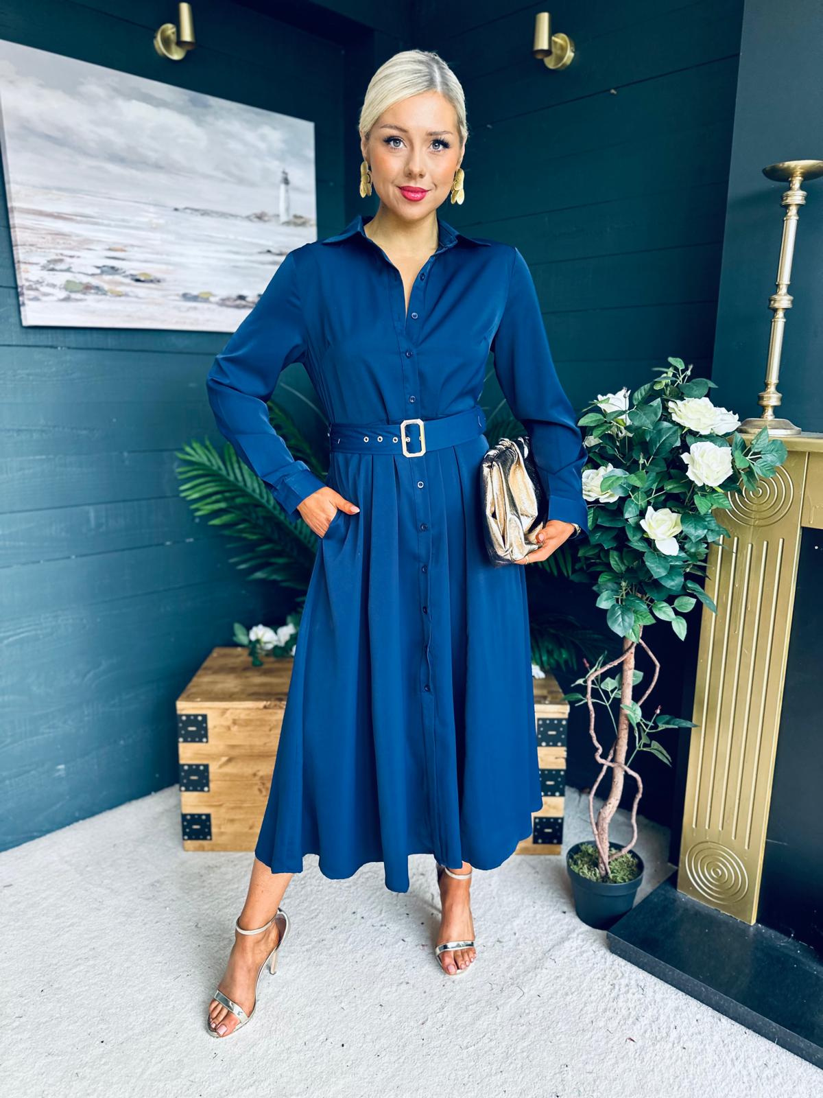 Briella Belted Midi Shirt Dress Navy