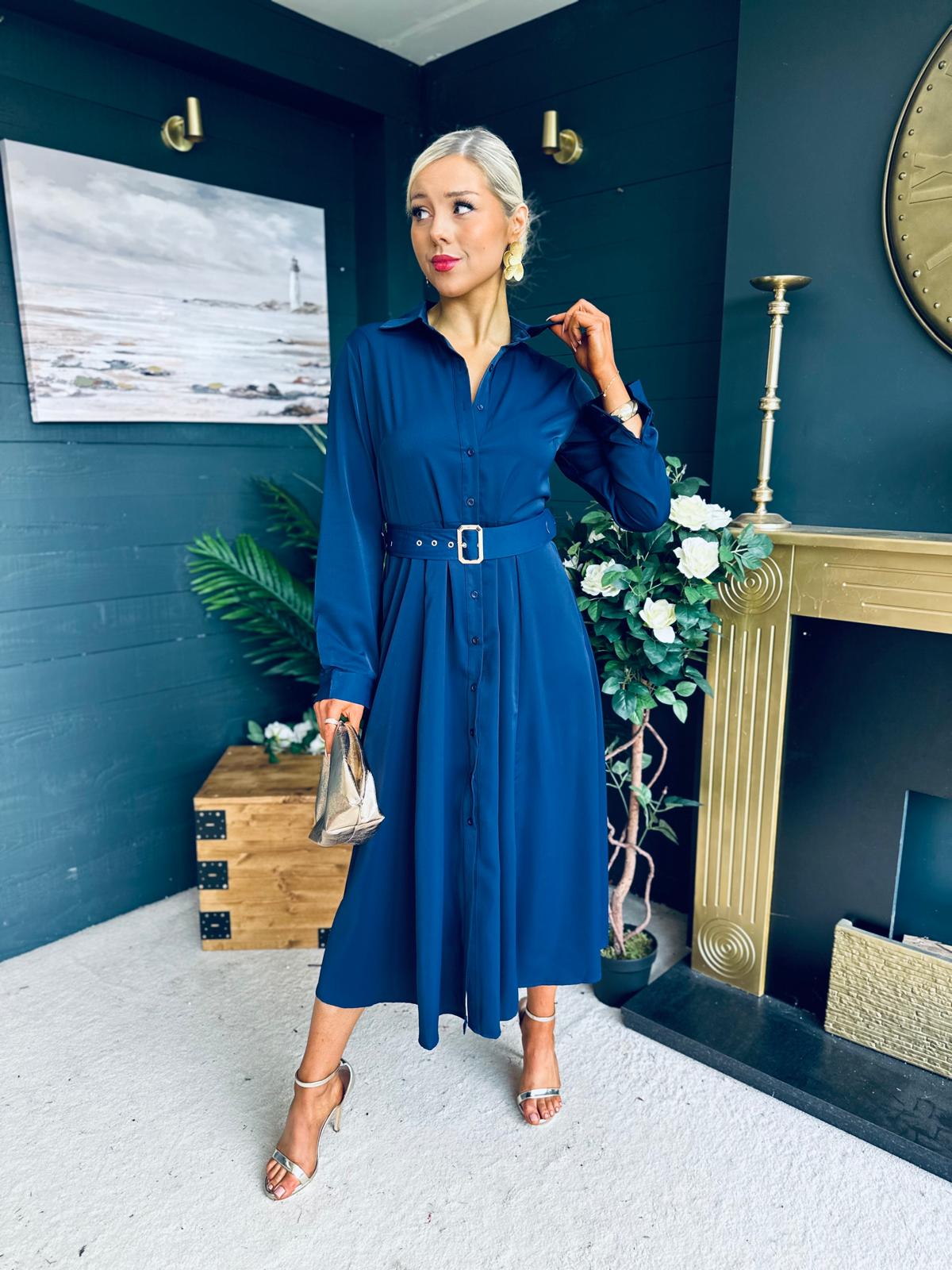 Briella Belted Midi Shirt Dress Navy