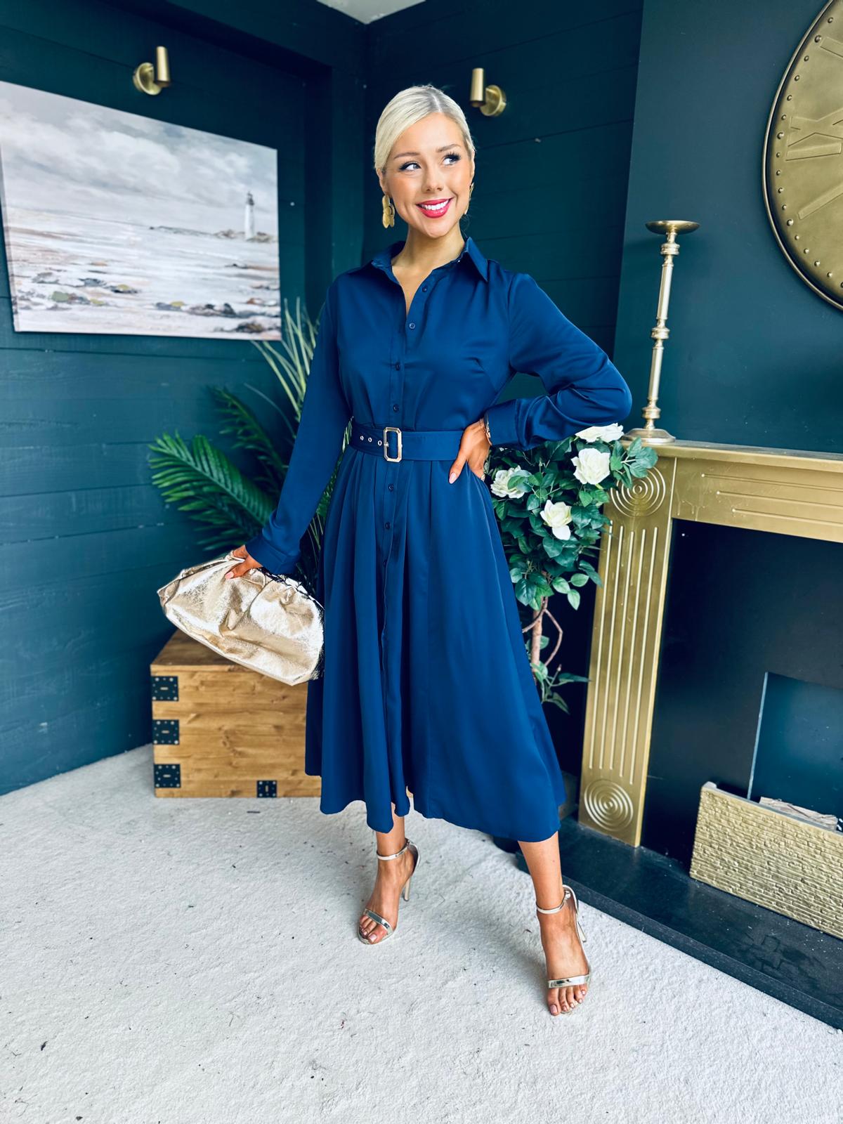 Briella Belted Midi Shirt Dress Navy