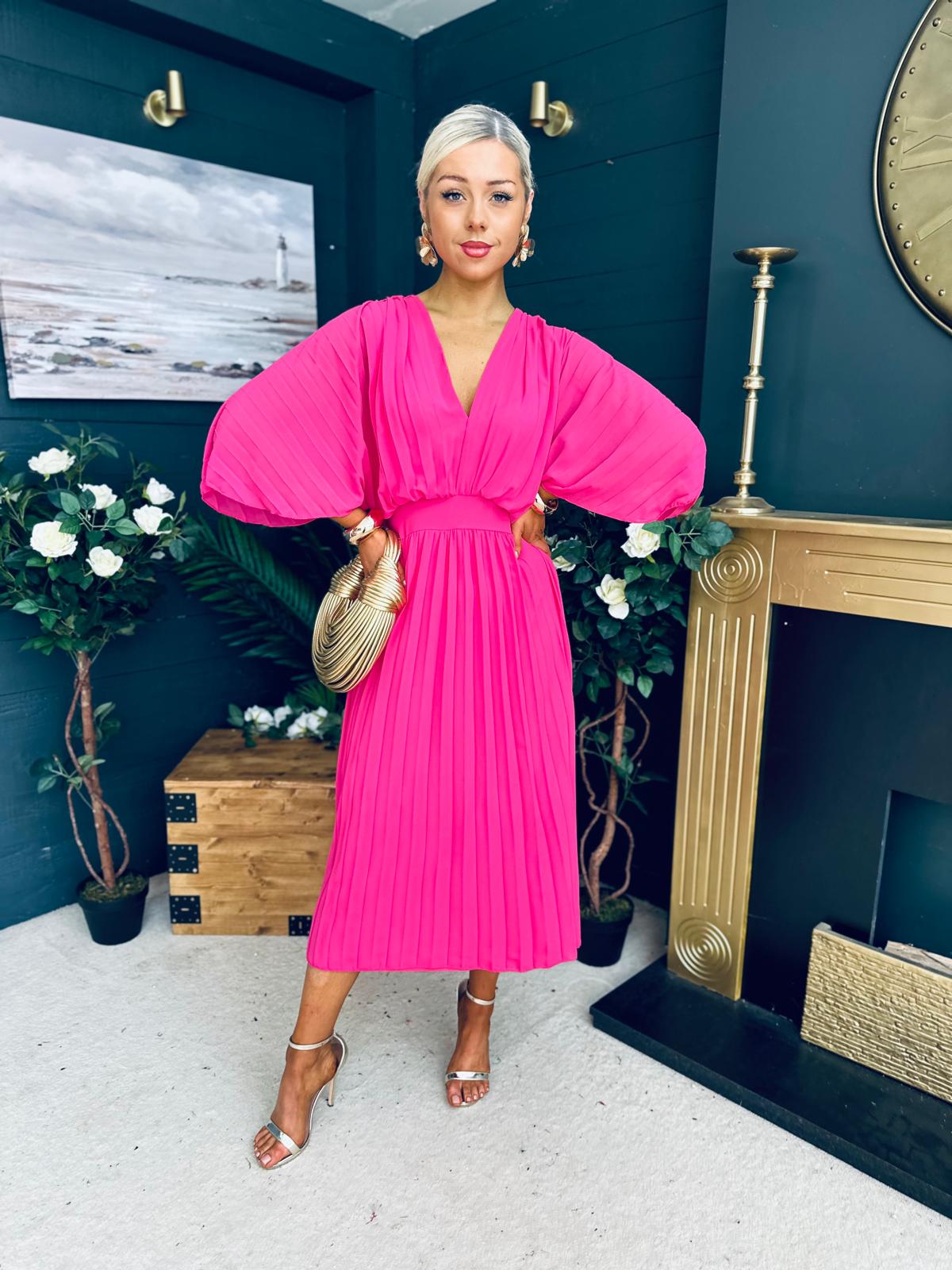 Eabha Pleated Midi Dress Fuschia