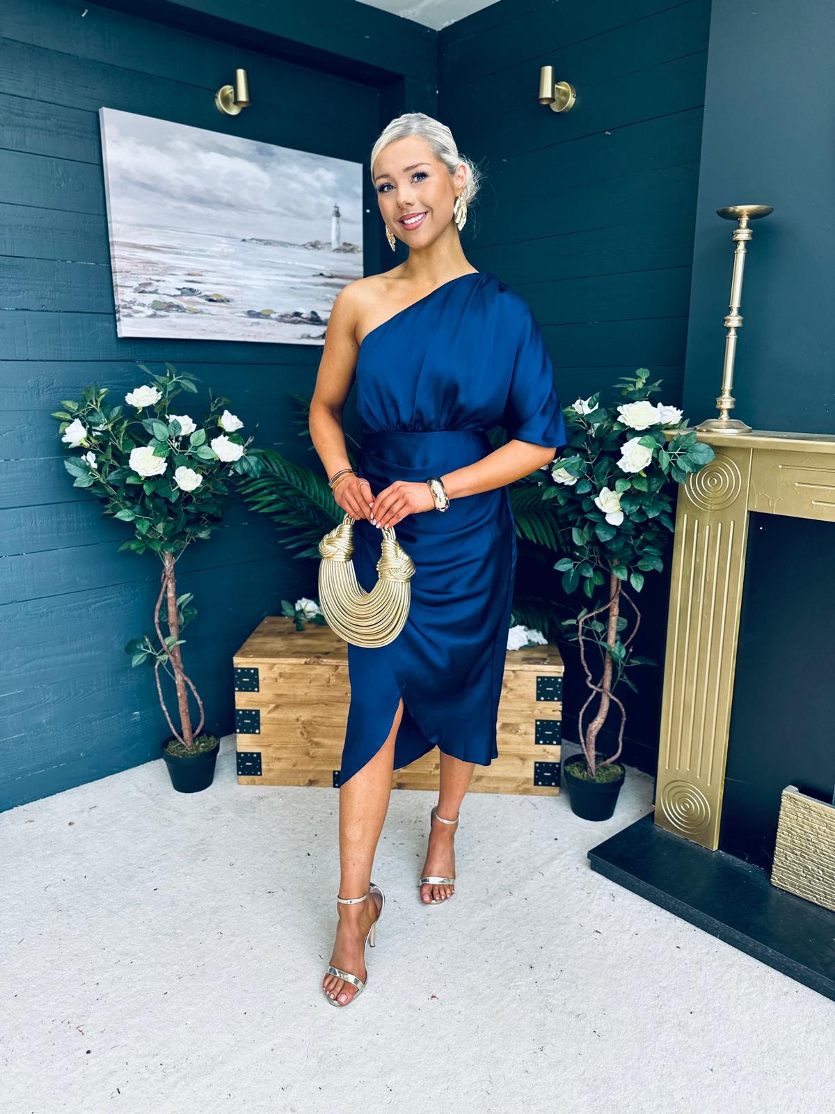 Ira One Shoulder Satin Midi Dress Navy