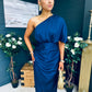 Ira One Shoulder Satin Midi Dress Navy