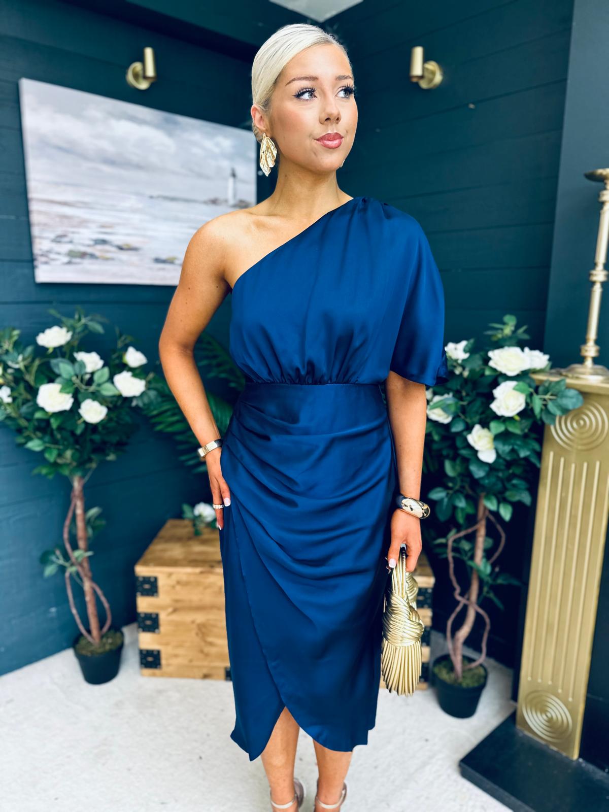 Ira One Shoulder Satin Midi Dress Navy