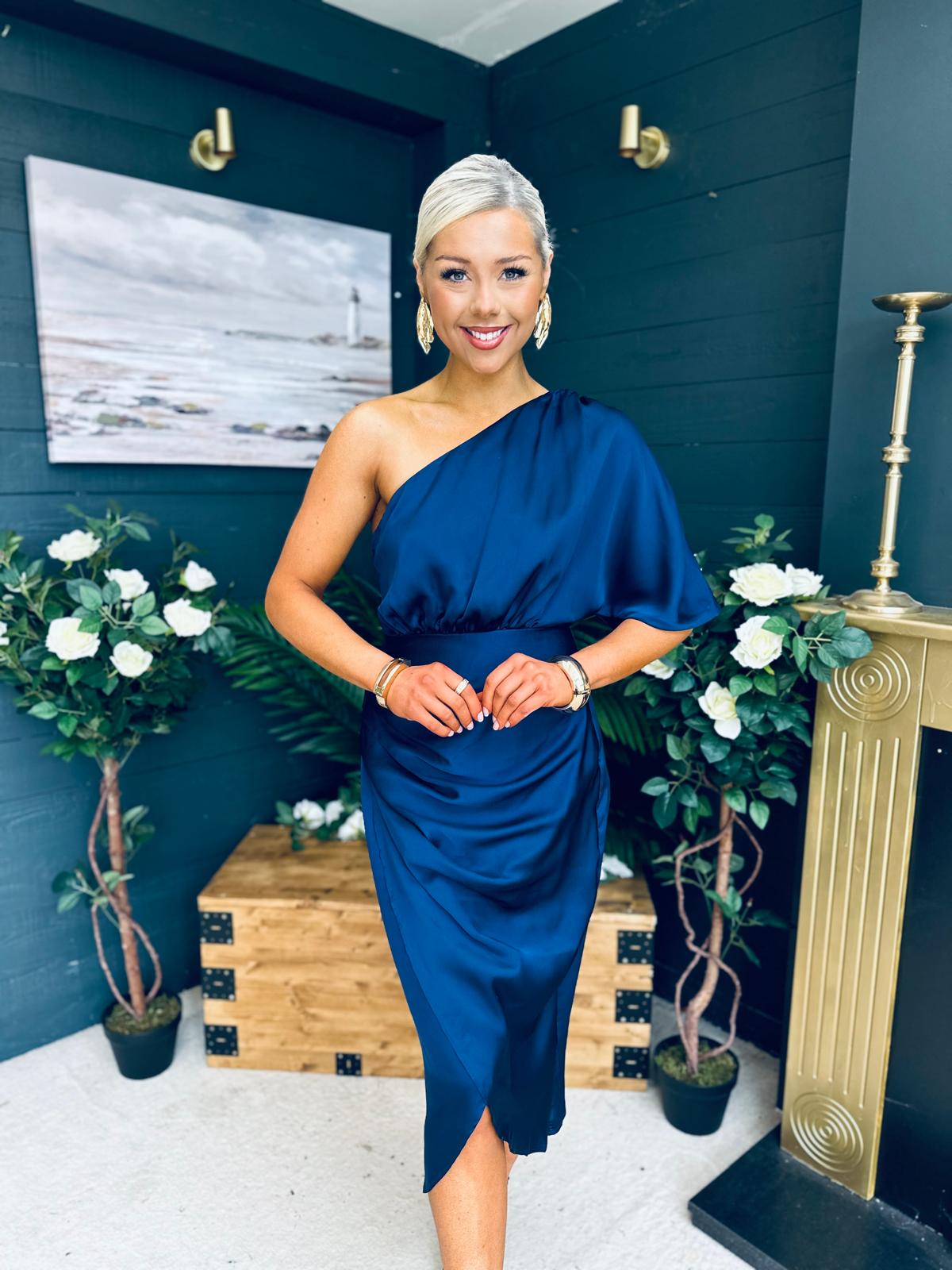 Ira One Shoulder Satin Midi Dress Navy