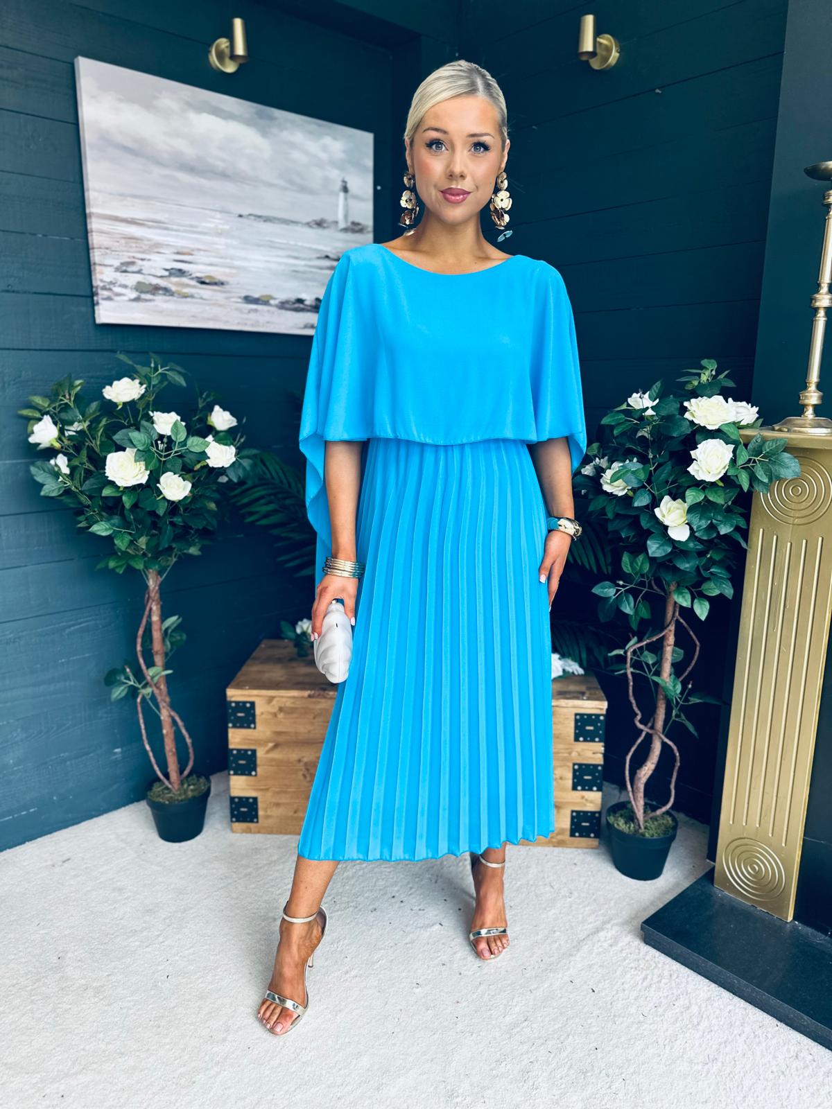 Doireann Cape Detail Occasion Dress Cyan