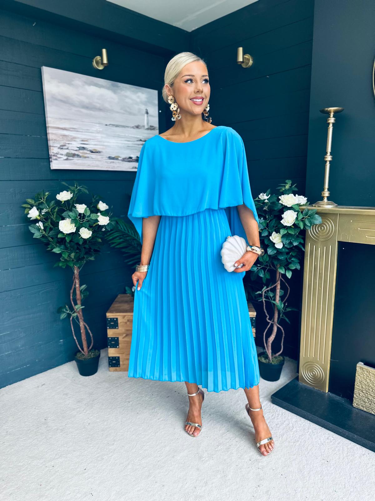 Doireann Cape Detail Occasion Dress Cyan