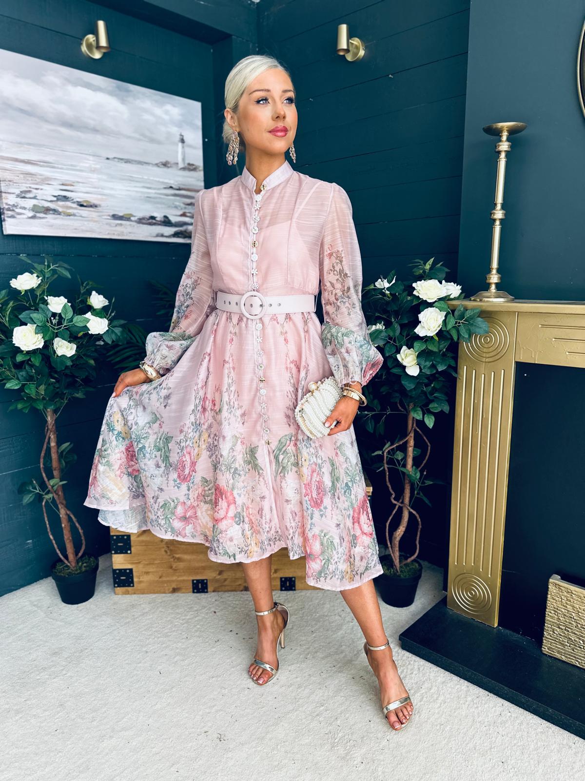 Jessica Belted Occasion Dress Floral Blush