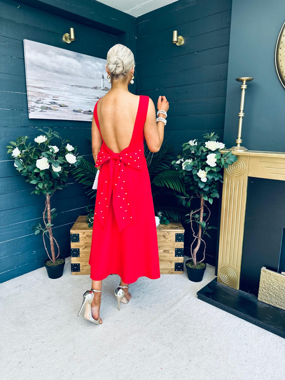 Roz Pearl Bow Detail Midi Dress Red