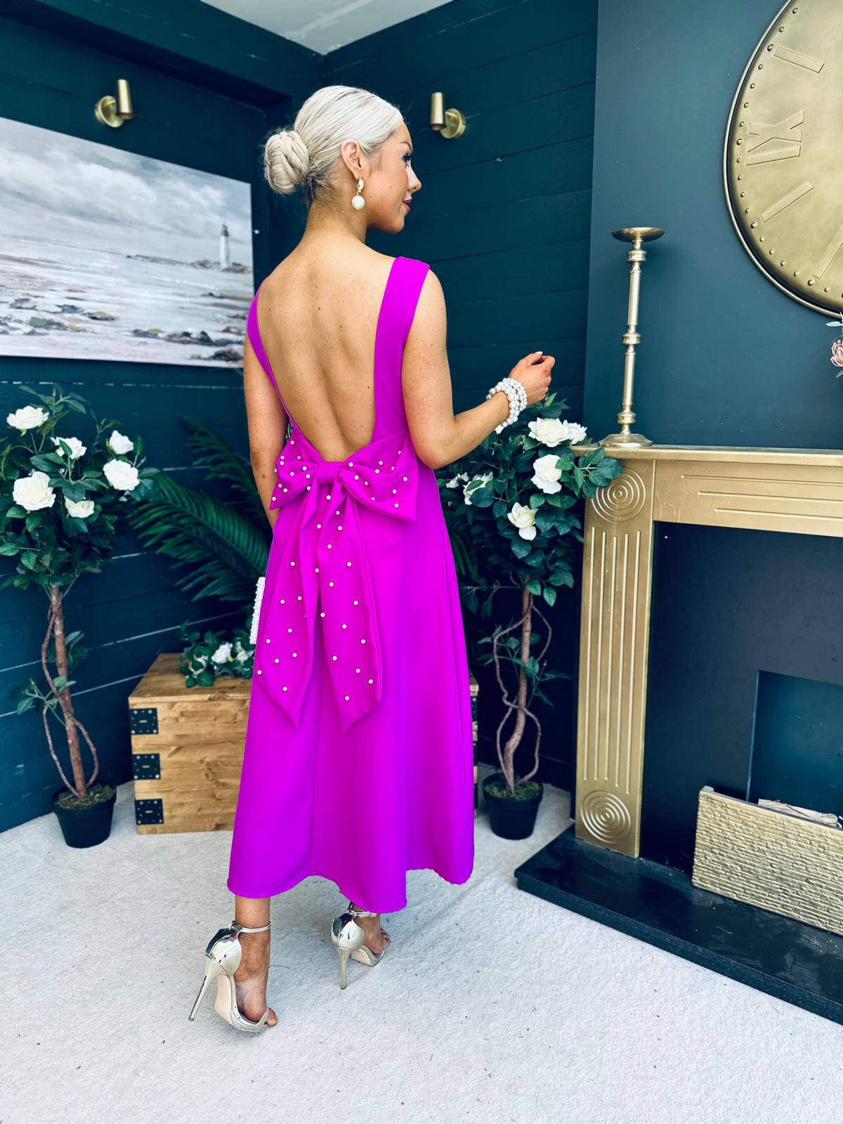 Roz Pearl Bow Detail Midi Dress Orchid