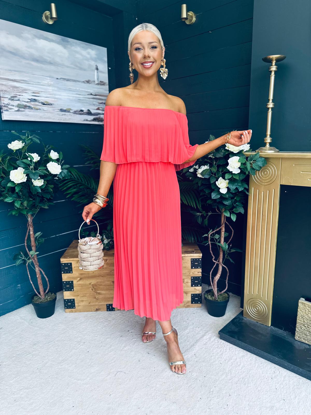 Fiadh Bardot Detail Occasion Dress Coral