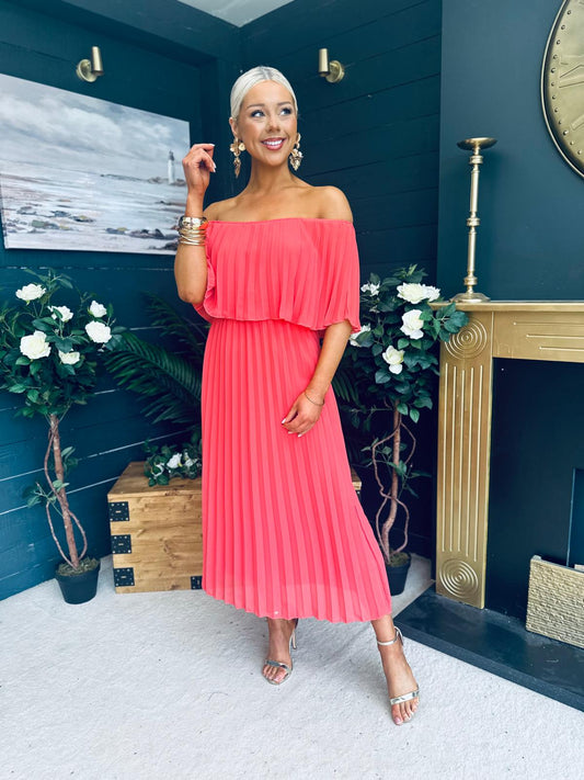 Fiadh Bardot Detail Occasion Dress Coral