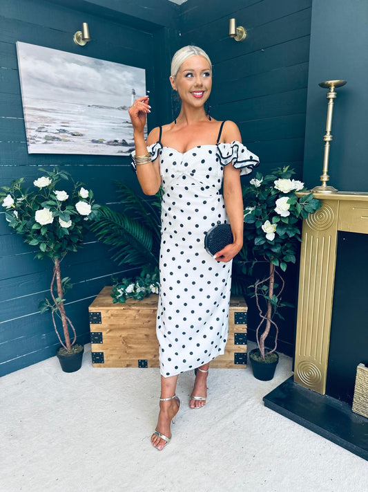 Janis Sweetheart Midi Dress Polka White