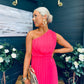 Robyn One Shoulder Midi Dress Neon Pink