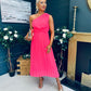 Robyn One Shoulder Midi Dress Neon Pink