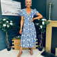 Maya Wrap Tiered Midi Dress Embroidery Print Blue