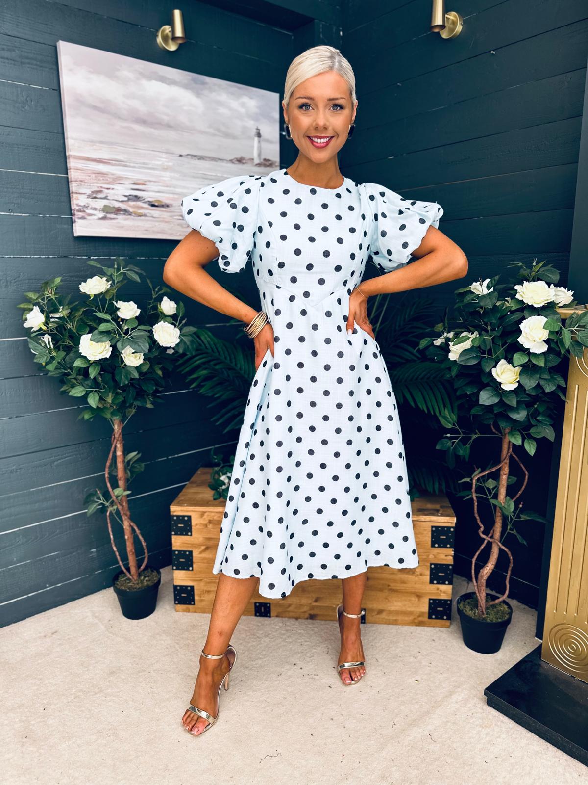 Millie Round Neck Puff Sleeve Midi Dress Pwr Blue