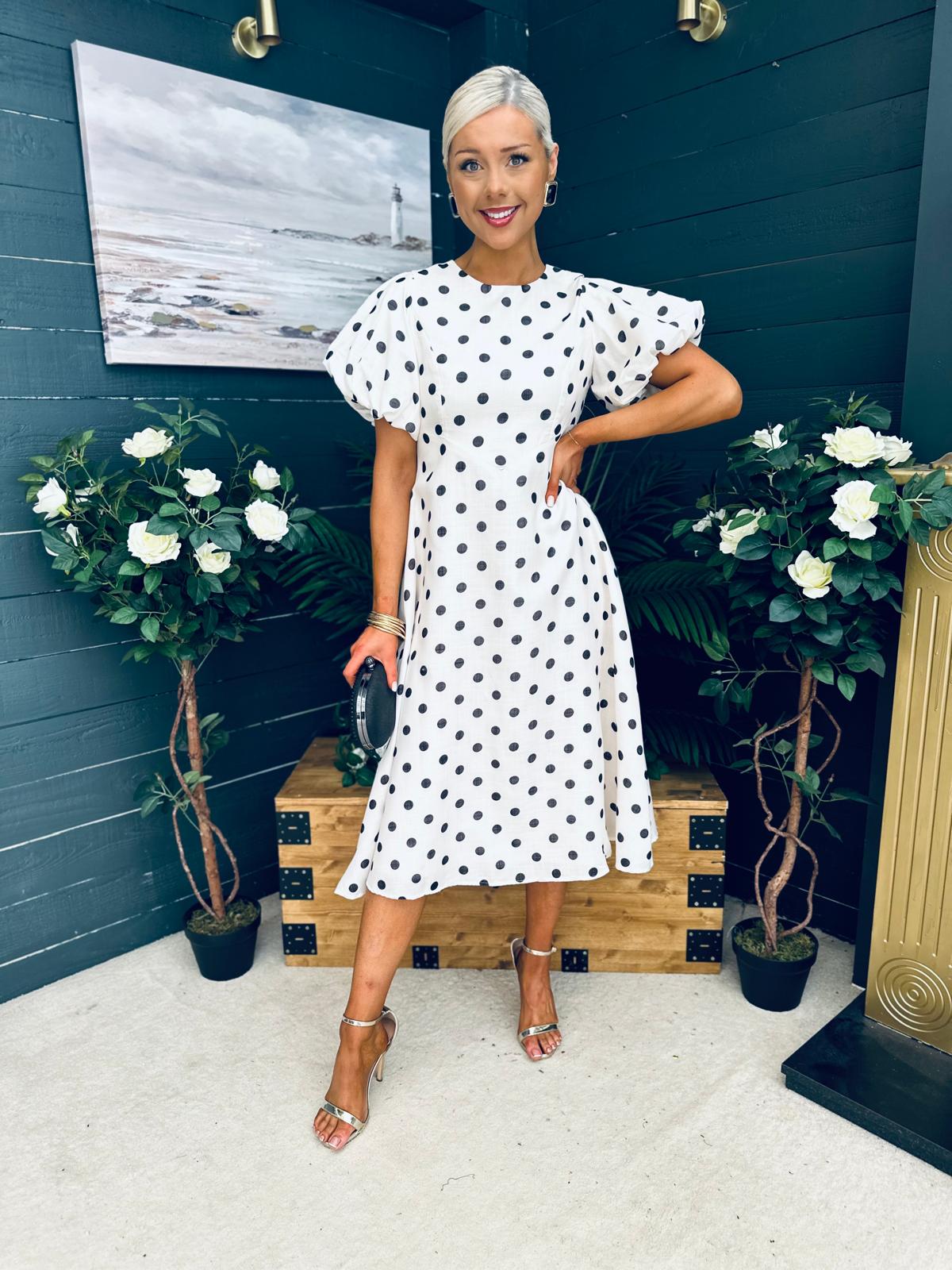 Millie Round Neck Puff Sleeve Midi Dress Cream