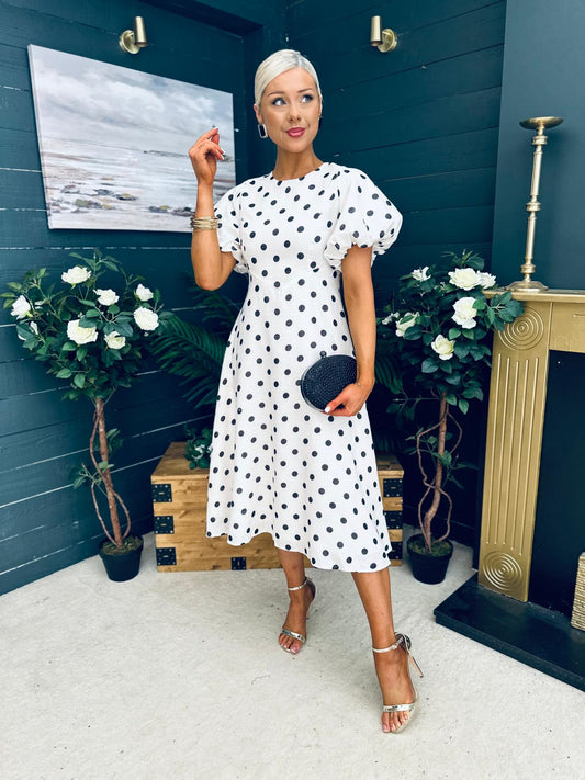 Millie Round Neck Puff Sleeve Midi Dress Cream