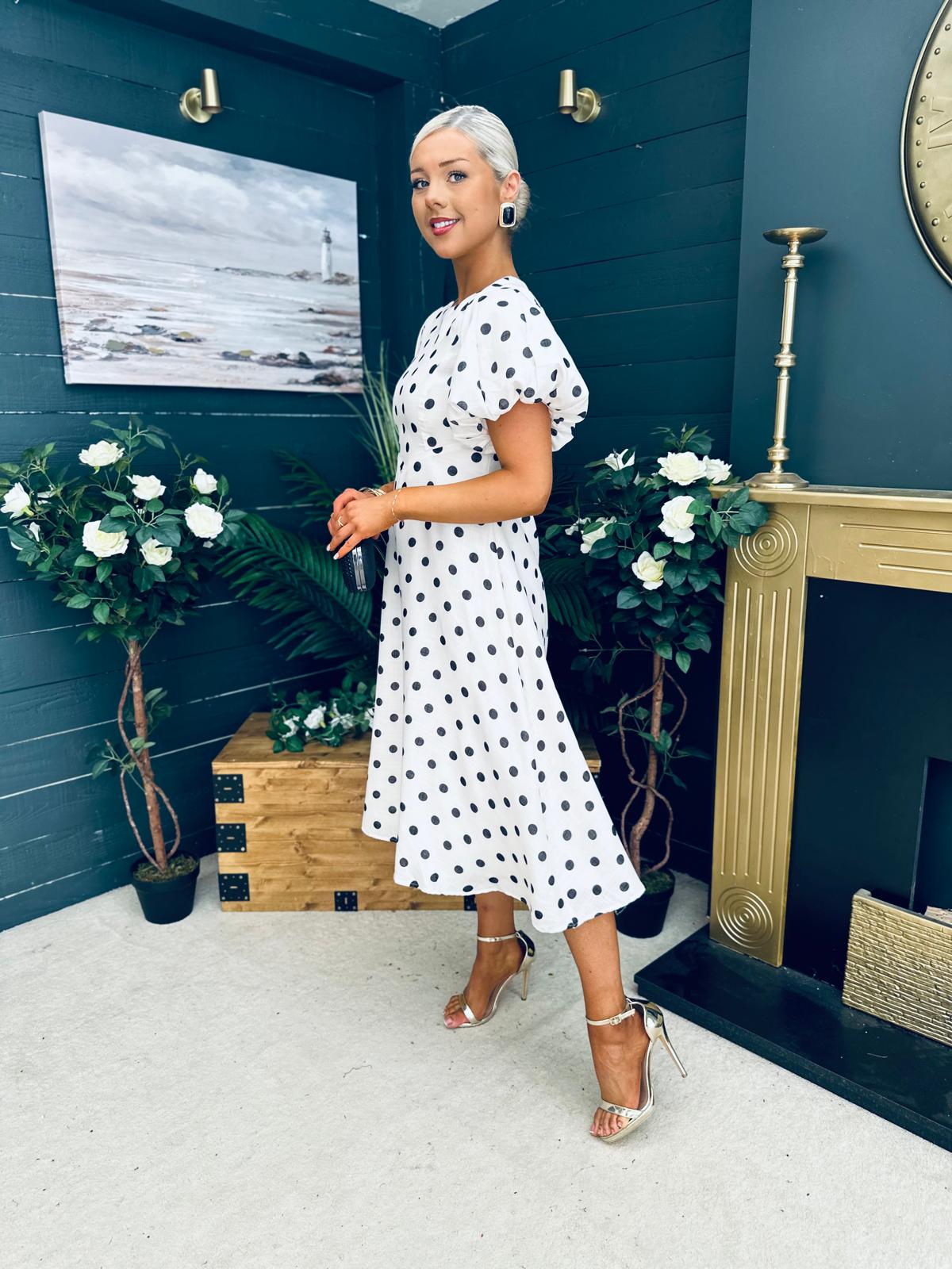 Millie Round Neck Puff Sleeve Midi Dress Cream