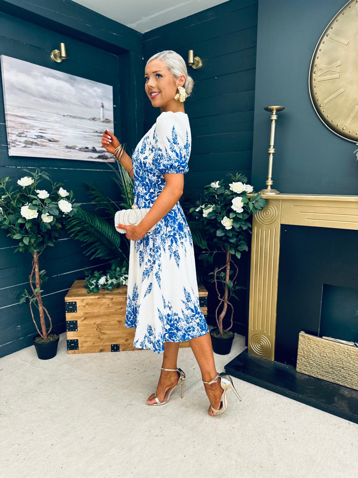 Foster Round Neck Puff Sleeve Midi Dress Blue