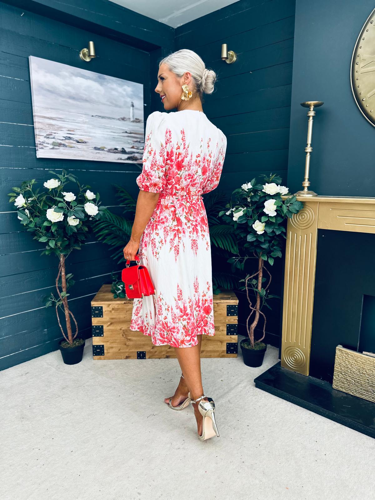Foster Round Neck Puff Sleeve Midi Dress Pink