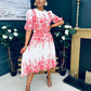 Foster Round Neck Puff Sleeve Midi Dress Pink