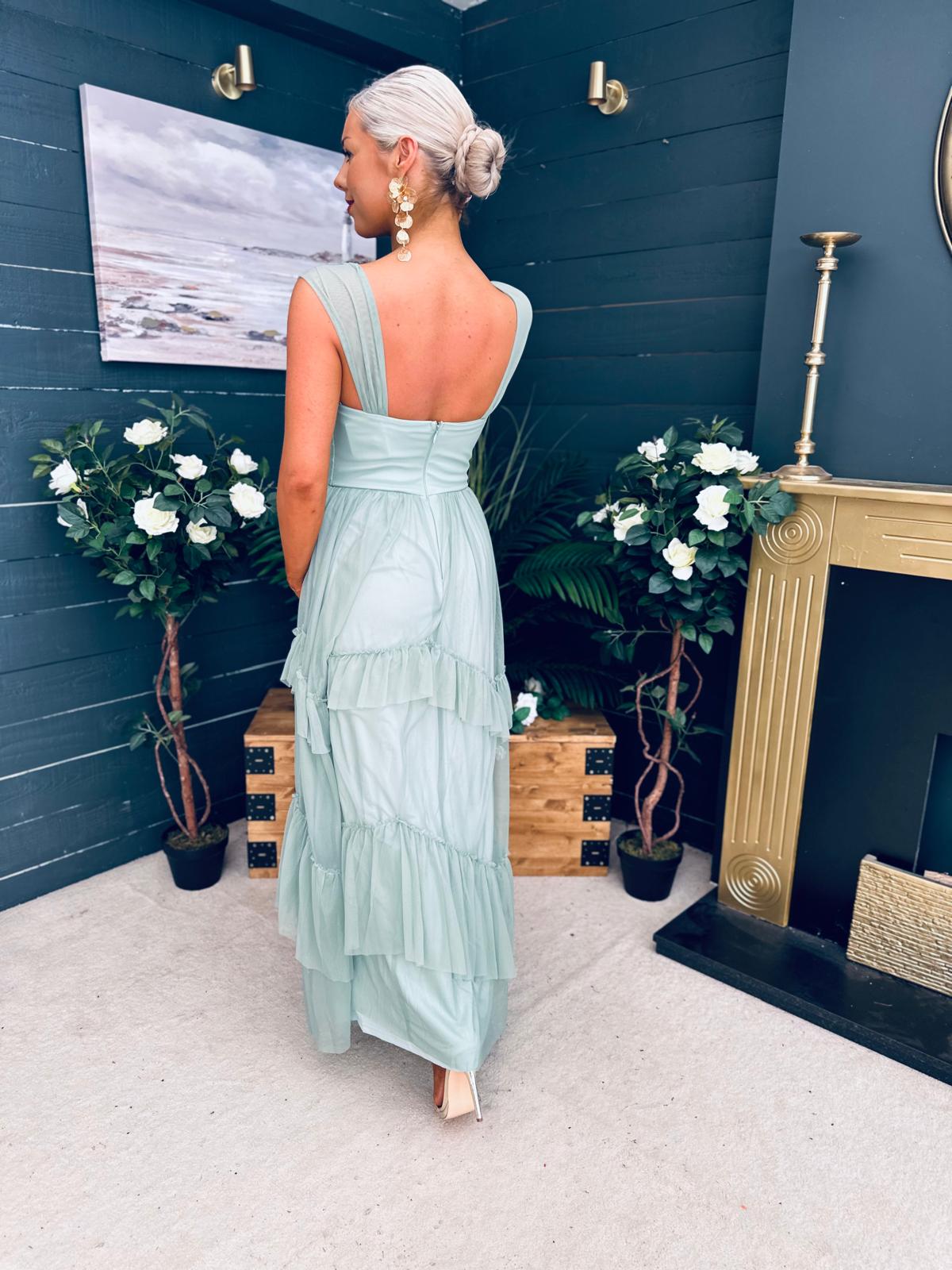 Rochelle Tulle Occasion Maxi Dress Sage